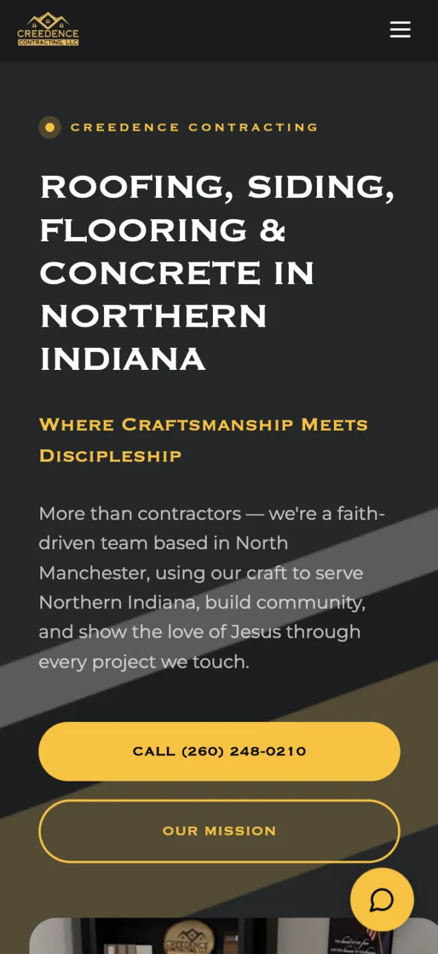 Creedence Contracting website on a phone, with the call button and mission link above the fold
