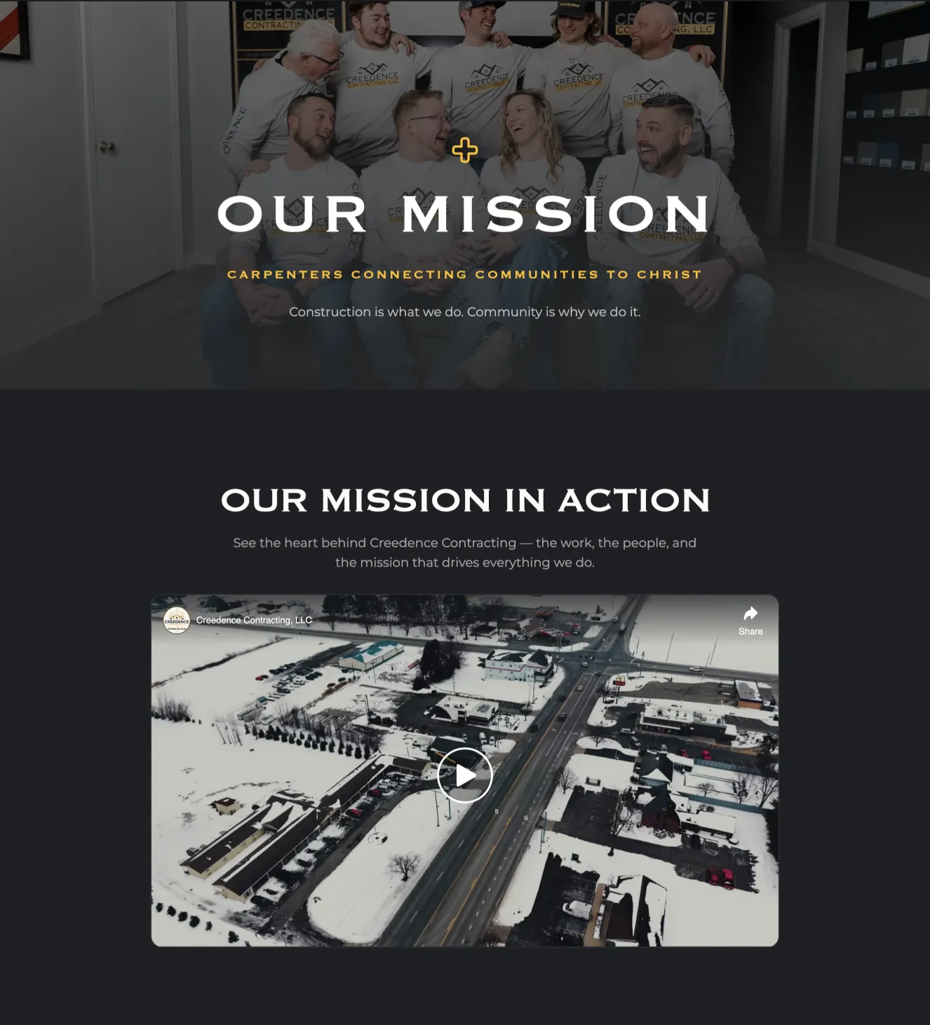 Creedence Contracting Our Mission page with a video of the team in action
