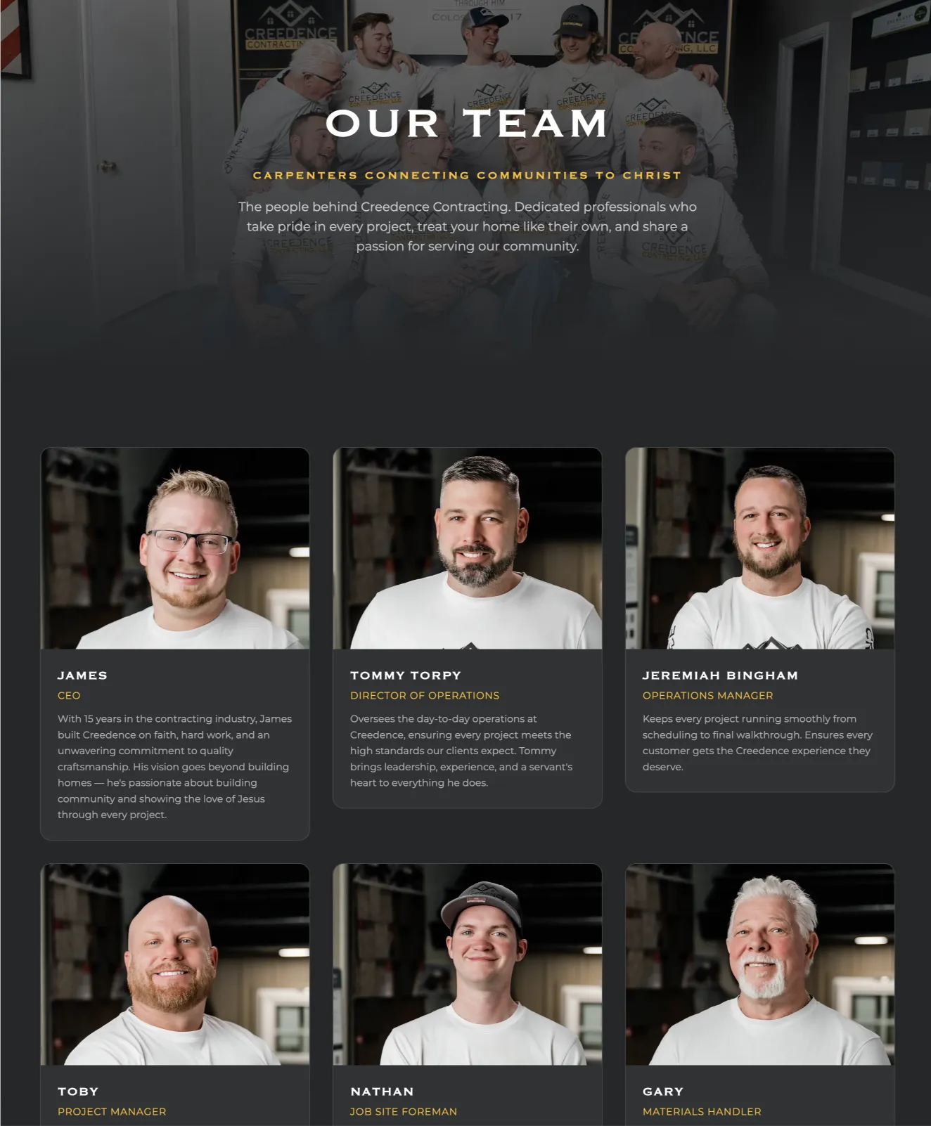 Creedence Contracting Our Team page with headshots of each crew member