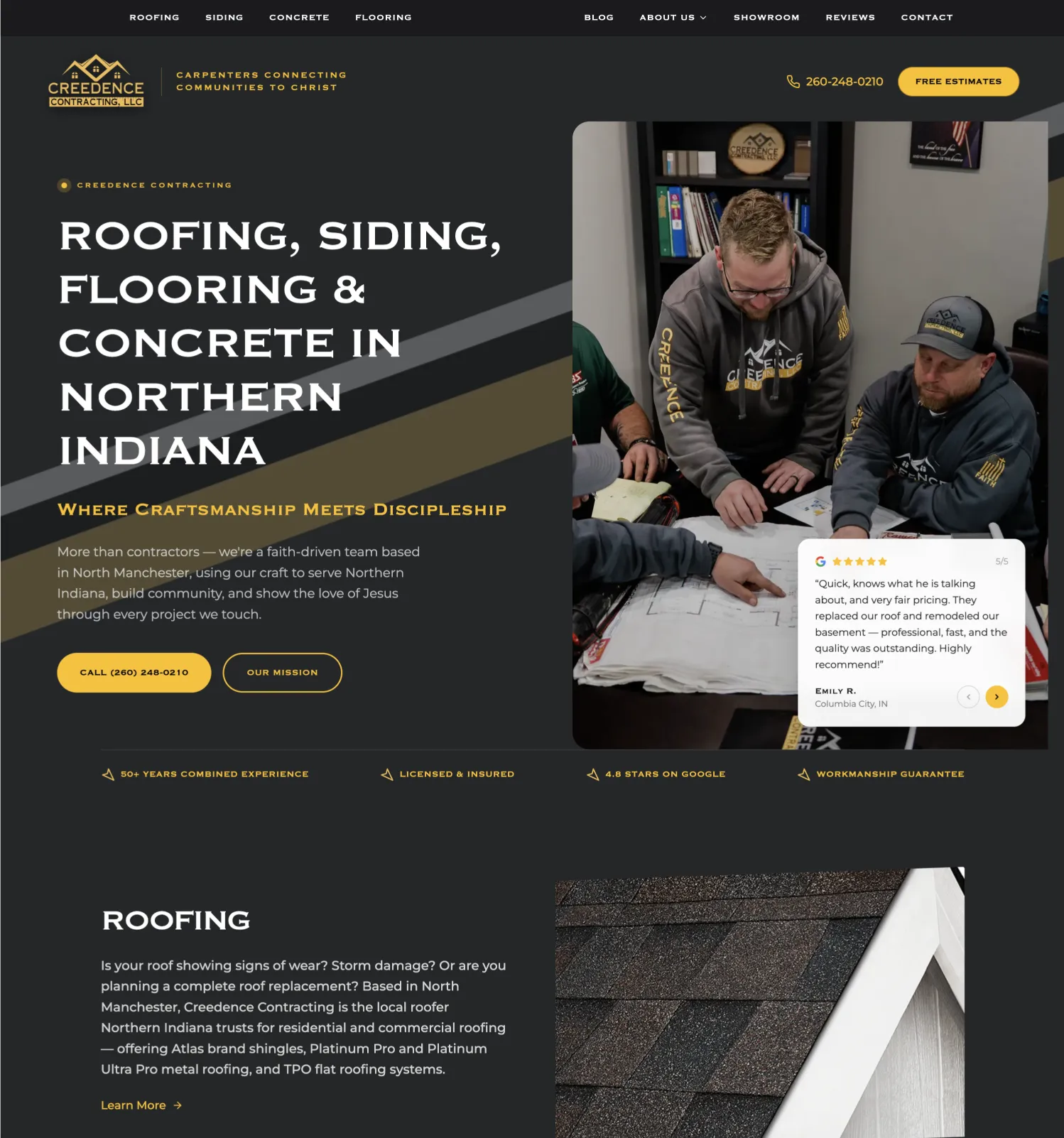 Creedence Contracting homepage designed by At The Meridian, showing roofing, siding, flooring and concrete services in Northern Indiana