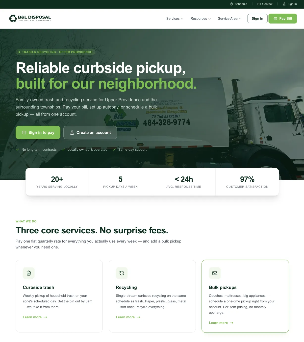 B&L Disposal homepage designed by At The Meridian, showing curbside pickup, recycling and bulk pickup services
