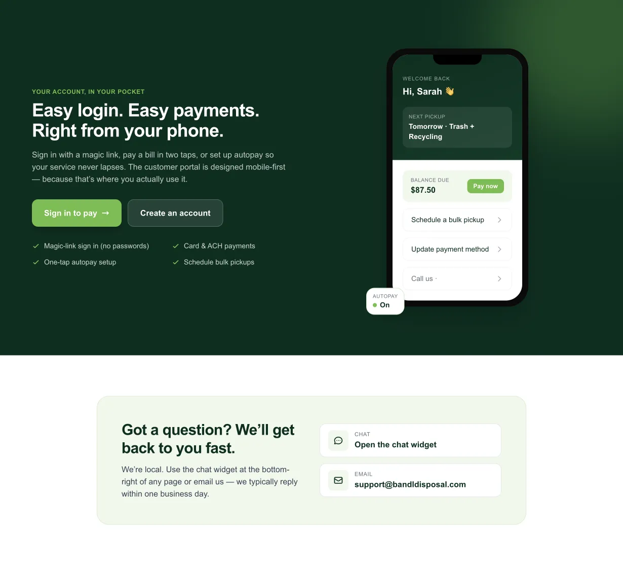 B&L Disposal resident portal page for paying bills from a phone