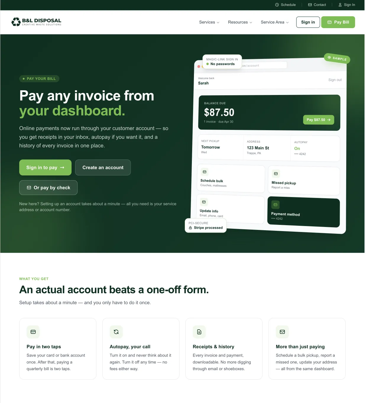 B&L Disposal page for paying any invoice from a resident dashboard