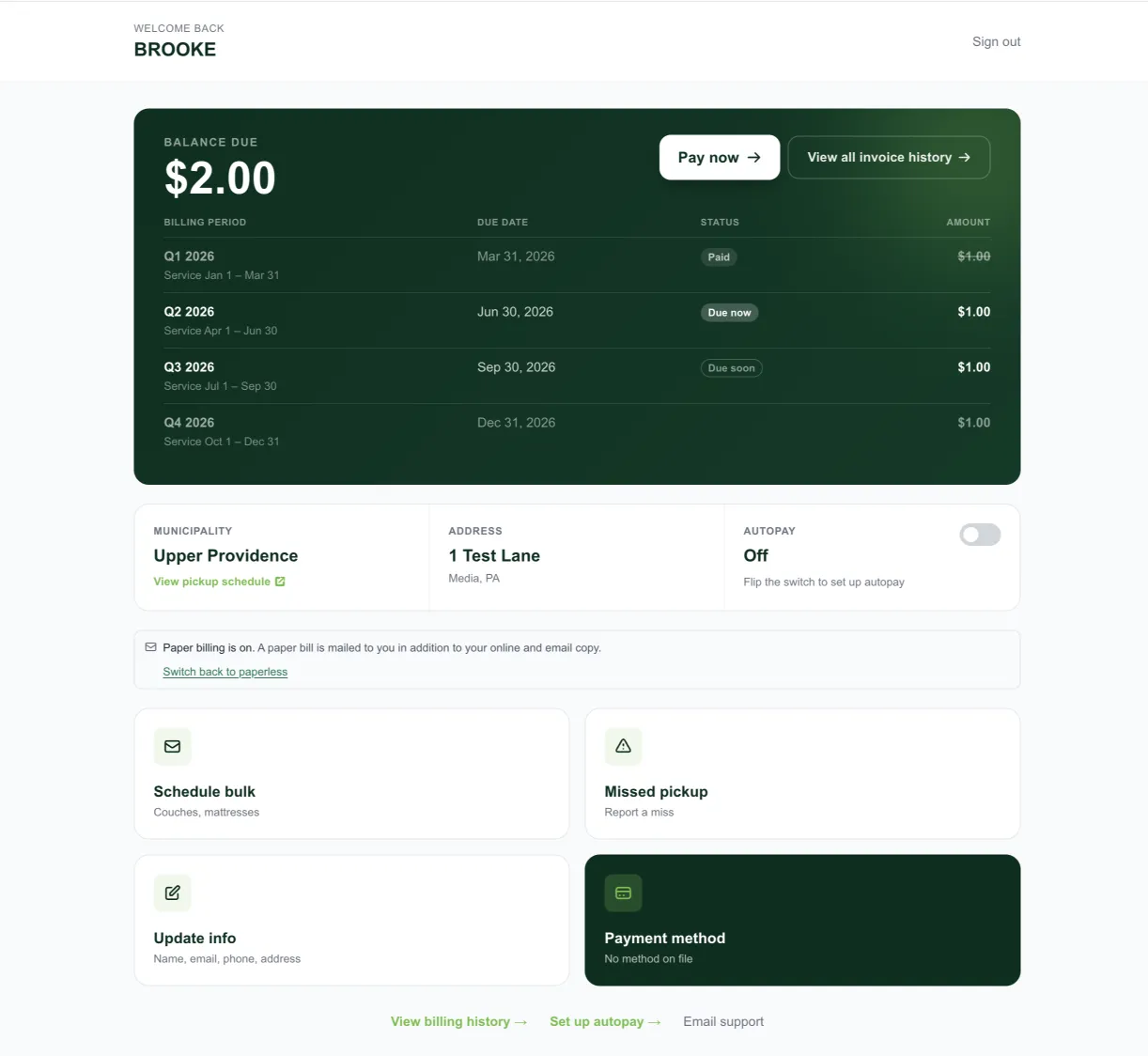 B&L Disposal resident dashboard showing balance due, invoices, autopay and bulk pickup