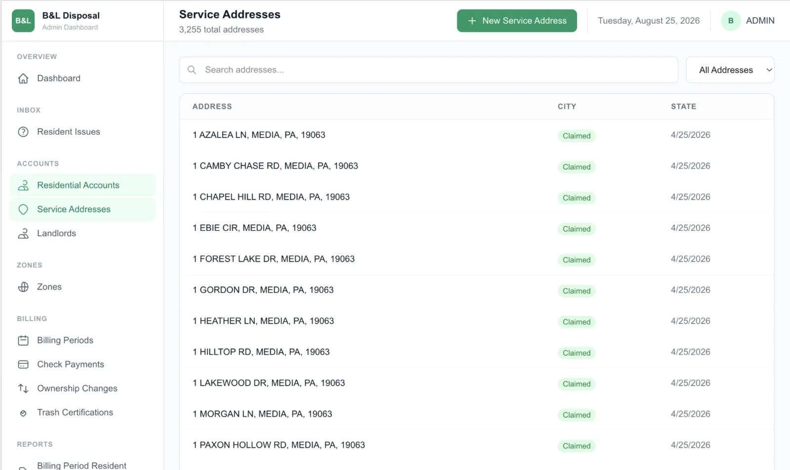 B&L Disposal admin dashboard listing service addresses