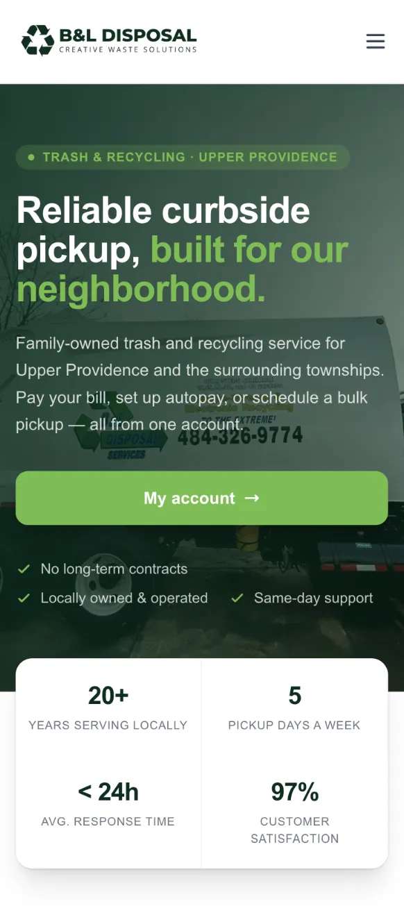 B&L Disposal website on a phone, with the resident account button above the fold
