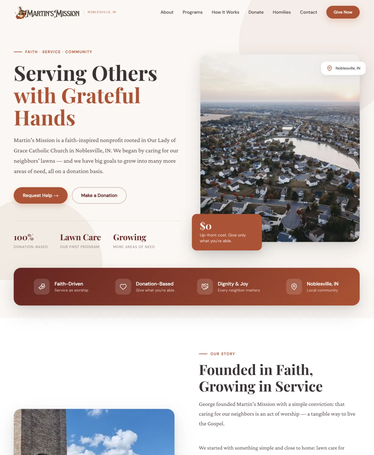 Martin's Mission homepage designed by At The Meridian, with request help and donation buttons