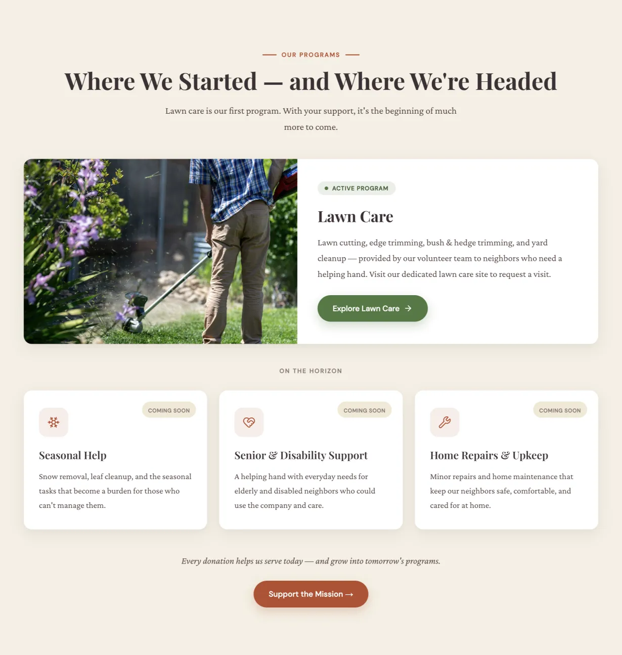 Martin's Mission programs section, starting with lawn care